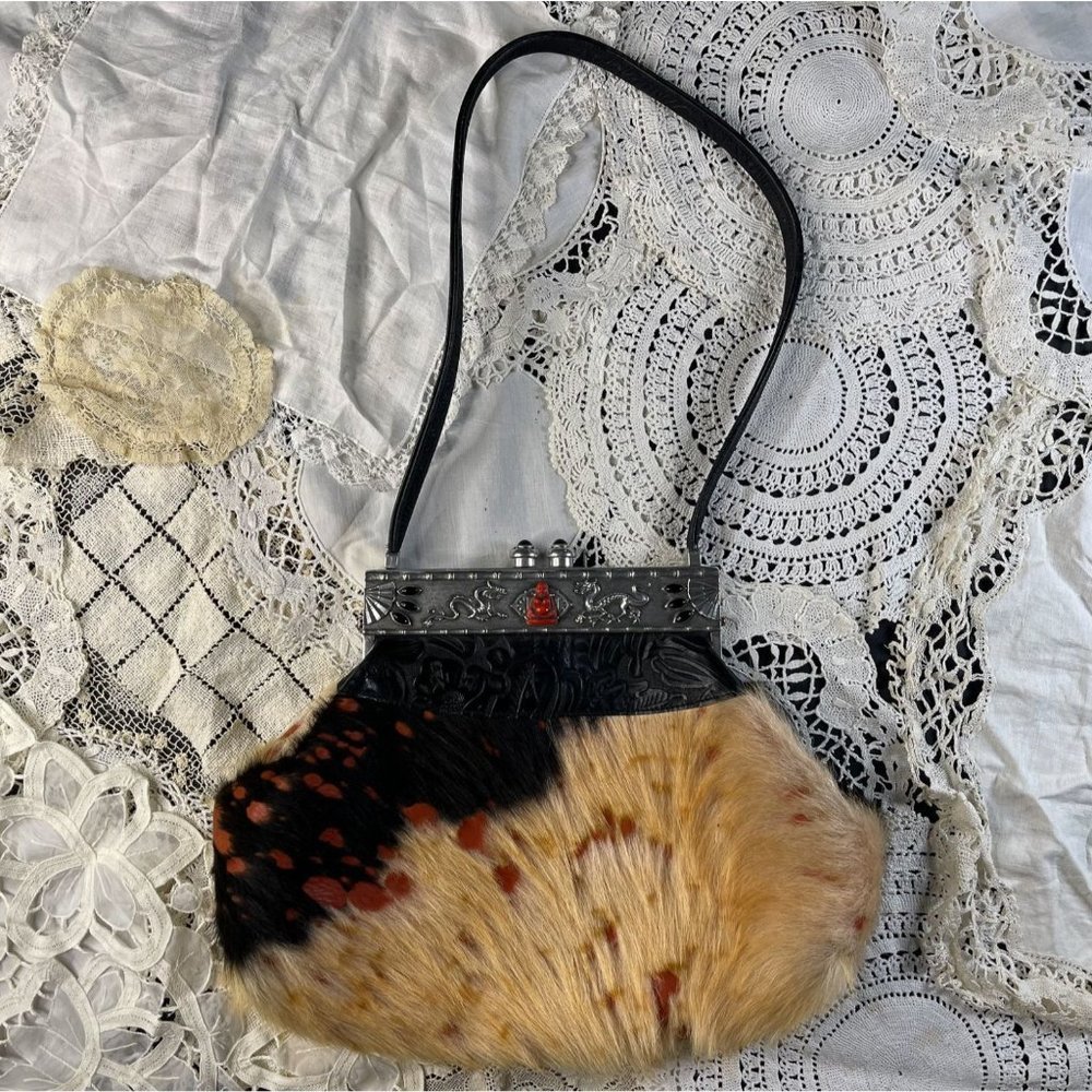 Vintage 90s 2000 Moulin Rouge Tooled Leather And Fur Handbag With Buddha